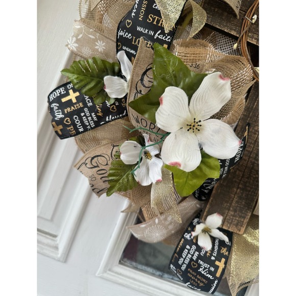 He is Risen Cross Religious Easter Dogwood Flowers Deco Mesh & Ribbon Wreath - Picture 4 of 9